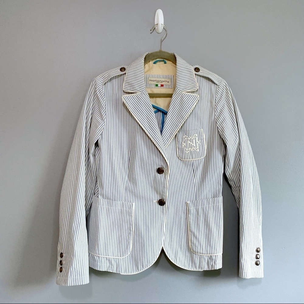 Nationality 37/99 Embroidered Logo Pocket Stripes Blazer Blue Size 46 Italy Made